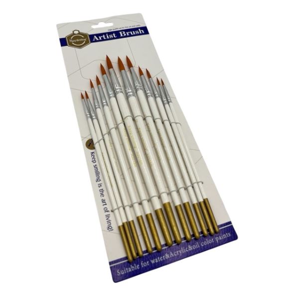 Keep Smiling 10-Piece White & Gold Round Pointed Artist Brush Set - 0018R