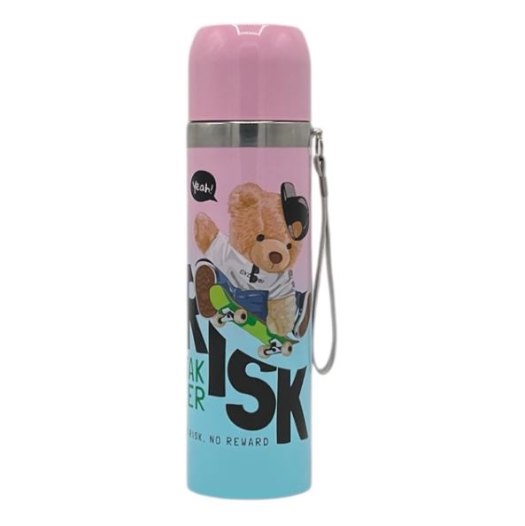 Insulated Pink & Blue Skater Bear Flask with Carrying Strap | Vacuum Bottle - 7721