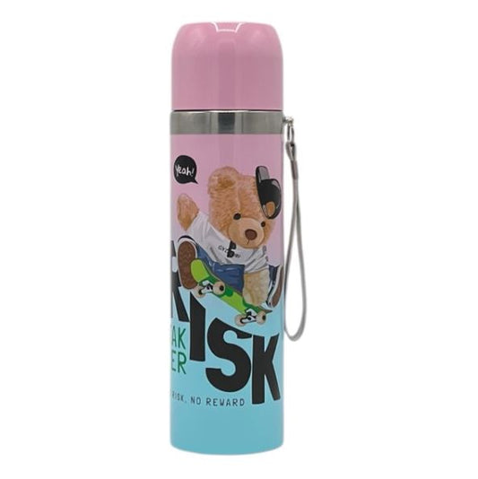 Insulated Pink & Blue Skater Bear Flask with Carrying Strap | Vacuum Bottle - 7721