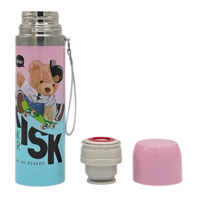 Insulated Pink & Blue Skater Bear Flask with Carrying Strap | Vacuum Bottle - 7721